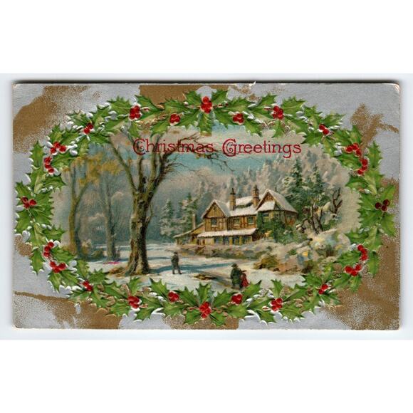 Vintage Embossed Christmas Greetings Snowy Cottage Postcard John Winsch Back - Picture 1 of 2
